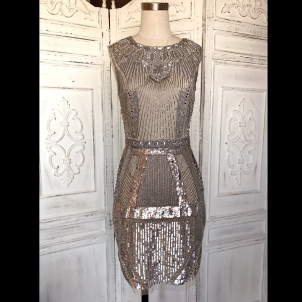 Silver Beaded Formal Cocktail/Party Dress
